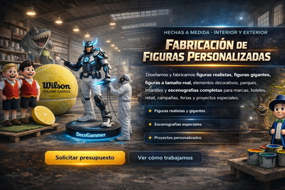 figuras personalizadas, figuras realistas, figuras gigantes, esculturas a tamaño real, logotipos 3D, elementos decorativos y escenografías para interior o exterior en fibra de vidrio, resina y porexpan endurecido la decoteca.